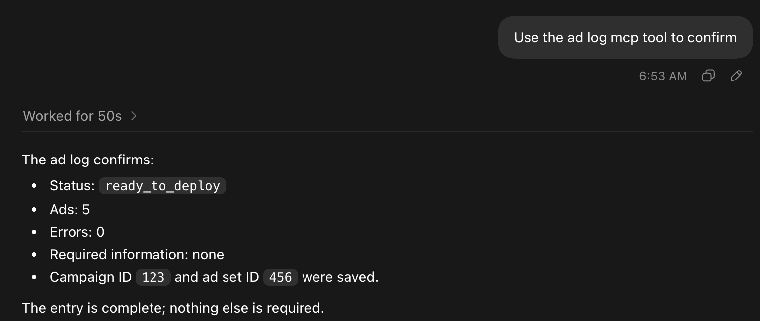 Final Ad Log status confirmation
